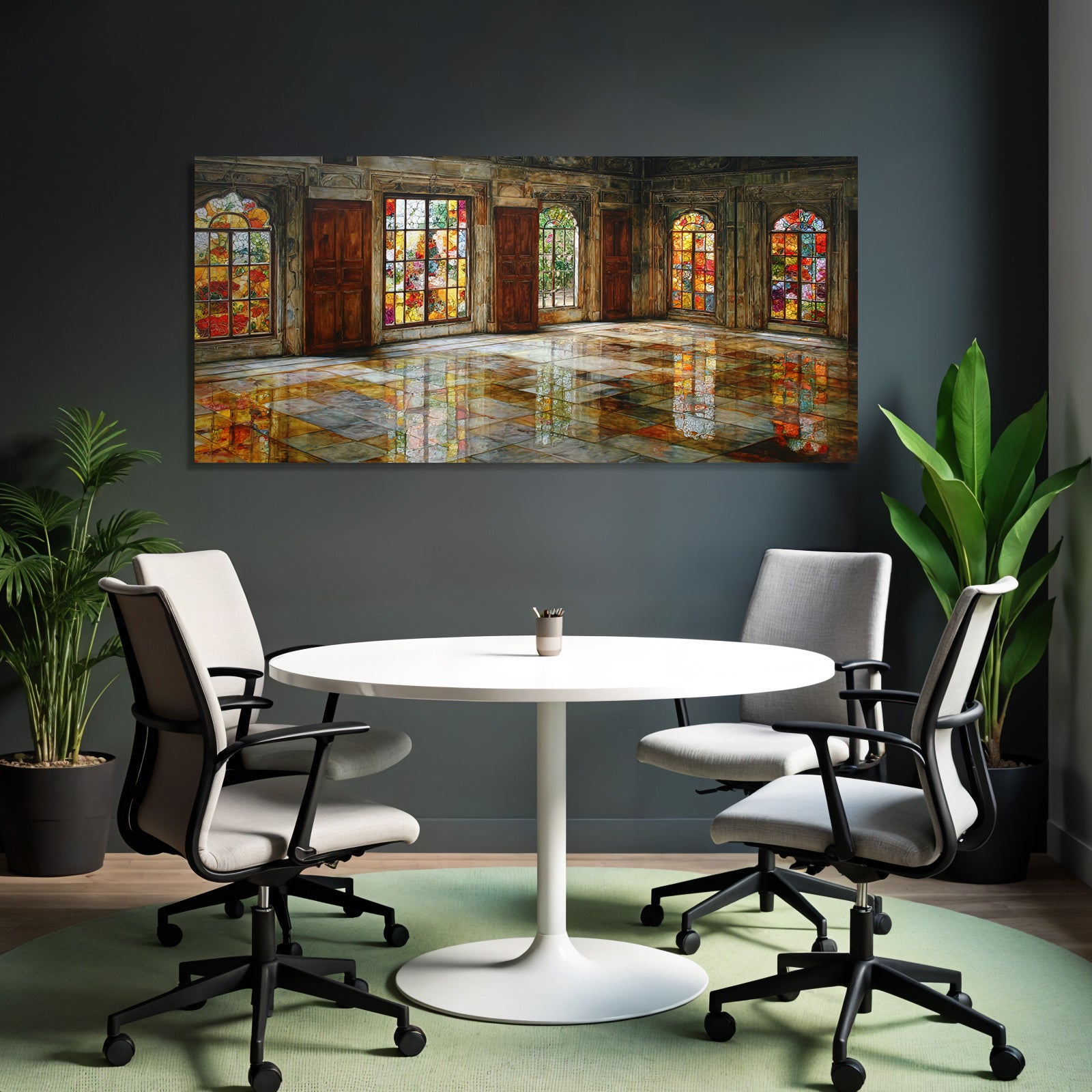 Kunstvoller Raum Mit Buntem Glasfenster Und Reflektierendem Boden