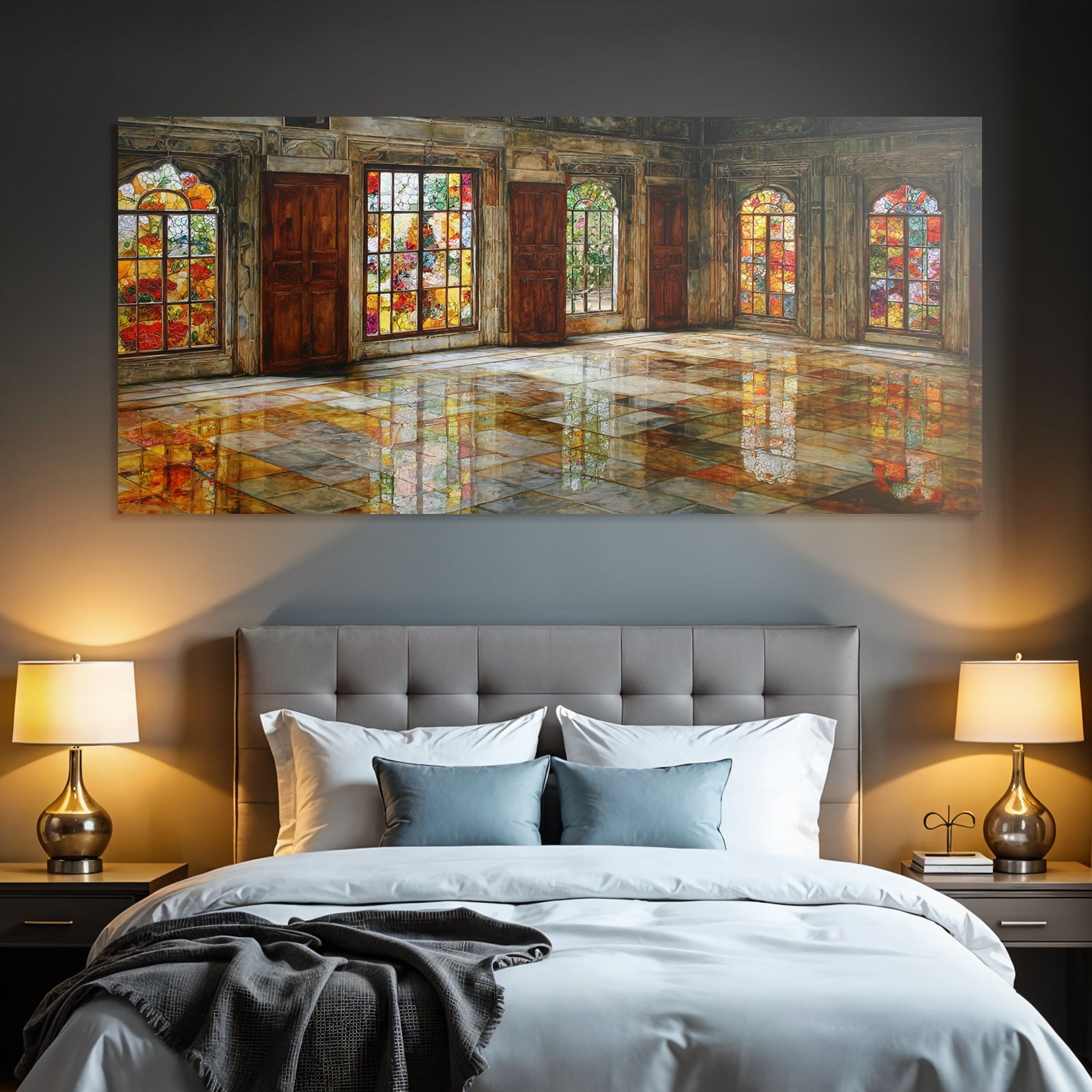 Kunstvoller Raum Mit Buntem Glasfenster Und Reflektierendem Boden