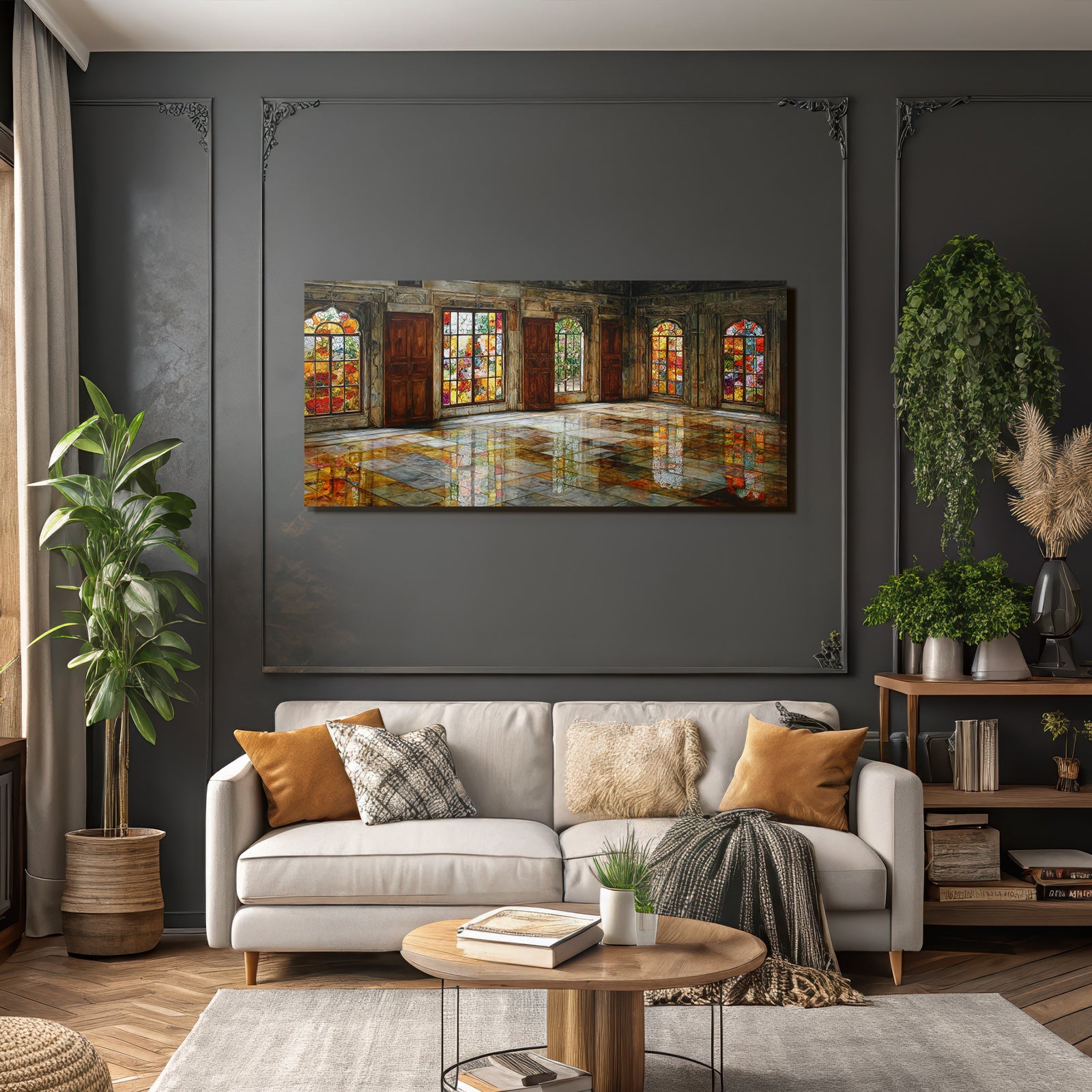 Kunstvoller Raum Mit Buntem Glasfenster Und Reflektierendem Boden