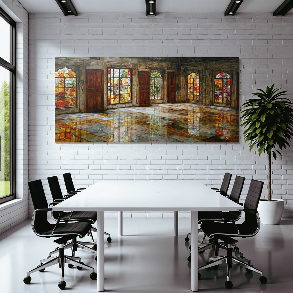 Kunstvoller Raum Mit Buntem Glasfenster Und Reflektierendem Boden