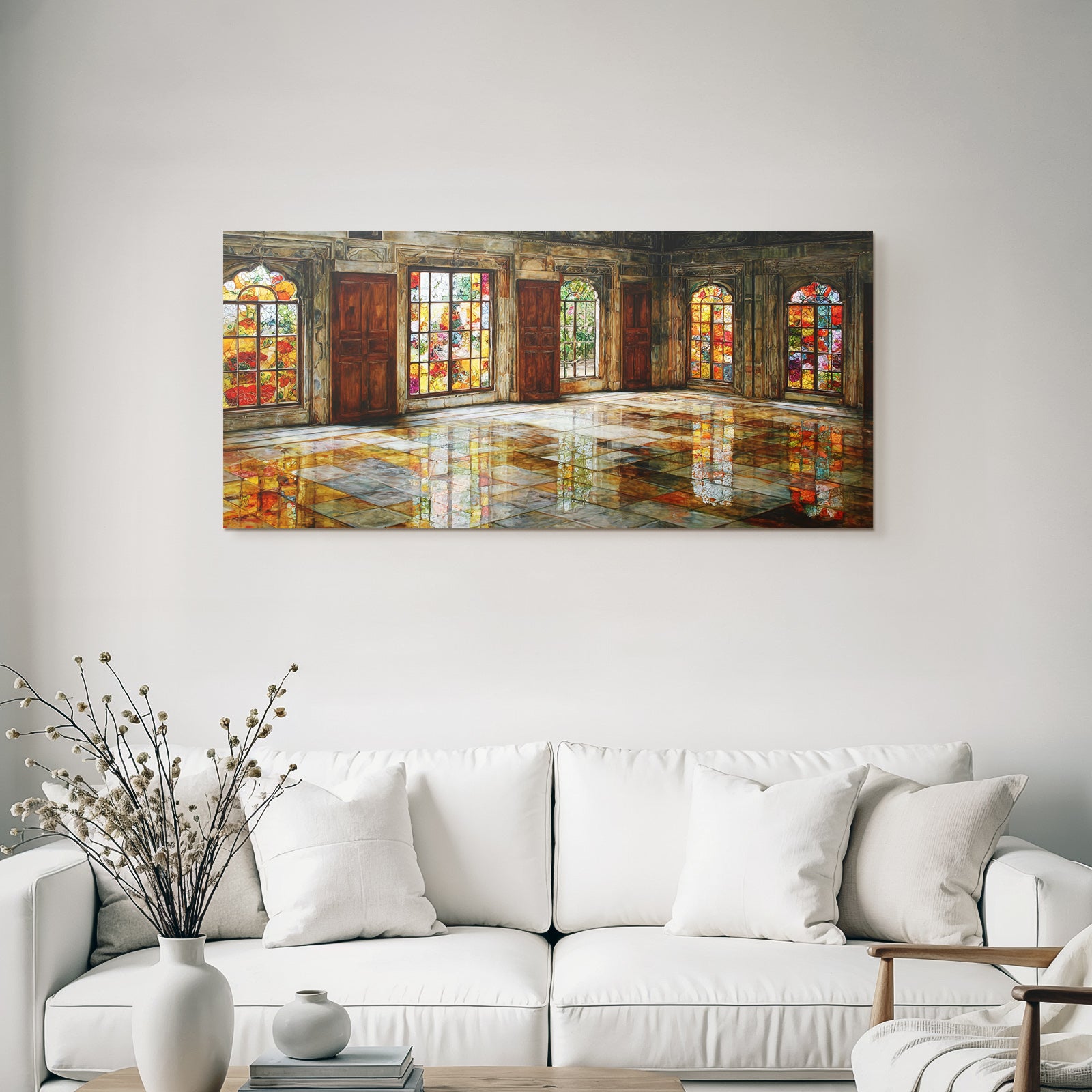 Kunstvoller Raum Mit Buntem Glasfenster Und Reflektierendem Boden