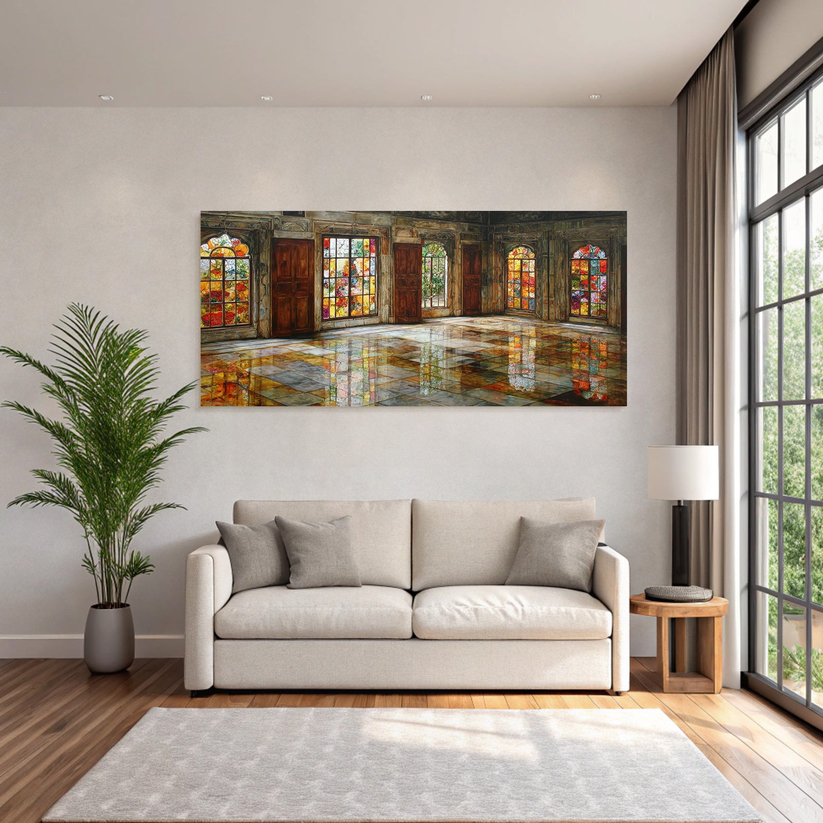 Kunstvoller Raum Mit Buntem Glasfenster Und Reflektierendem Boden