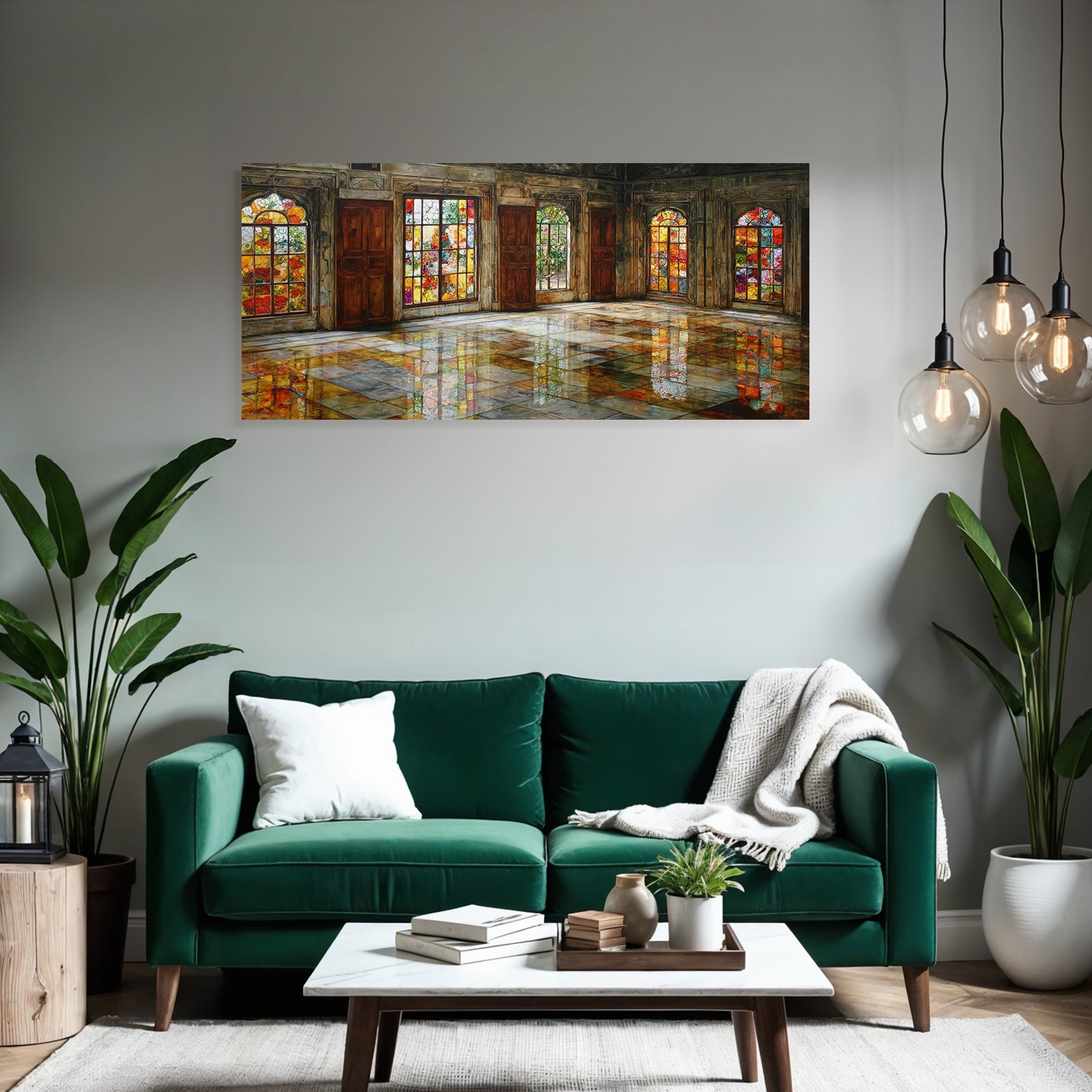 Kunstvoller Raum Mit Buntem Glasfenster Und Reflektierendem Boden