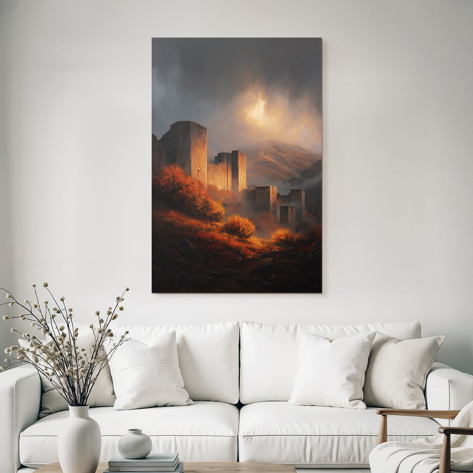 Old Fortress in Autumn Dramatic Countryside with Moody Ski