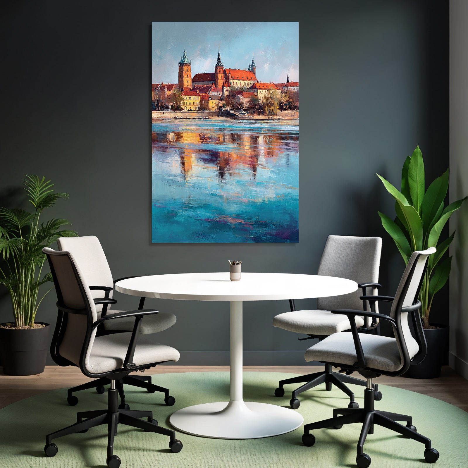 Colorful artwork of a castle on the river with reflections in the water