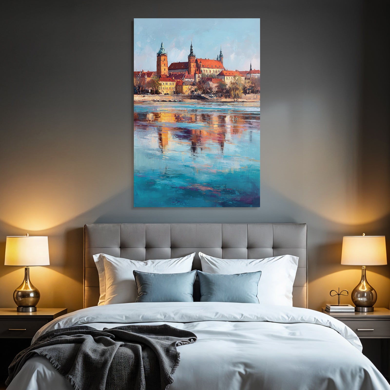 Colorful artwork of a castle on the river with reflections in the water