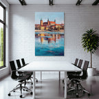 Colorful artwork of a castle on the river with reflections in the water