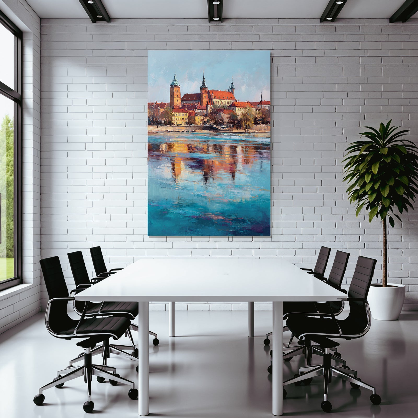 Colorful artwork of a castle on the river with reflections in the water