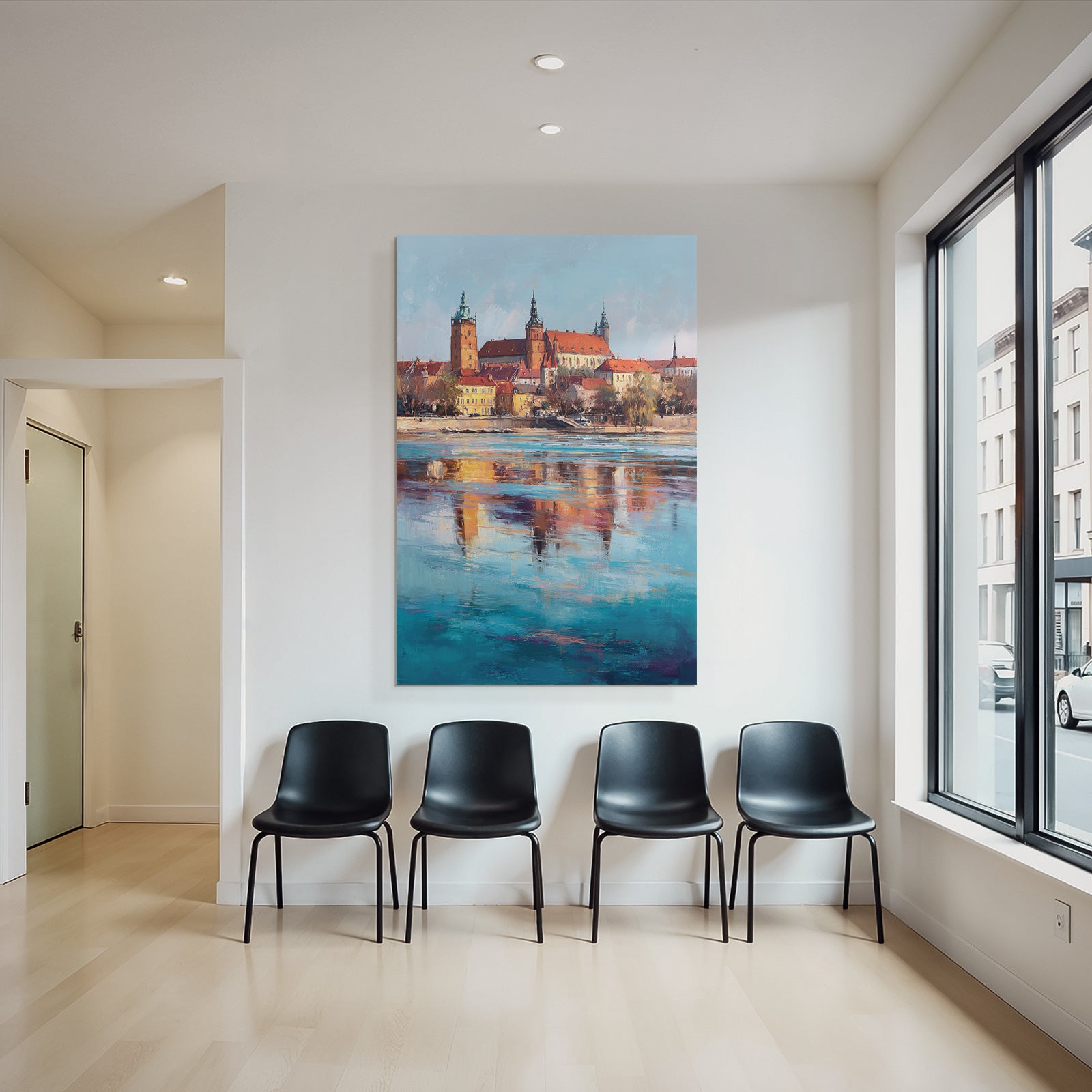 Colorful artwork of a castle on the river with reflections in the water
