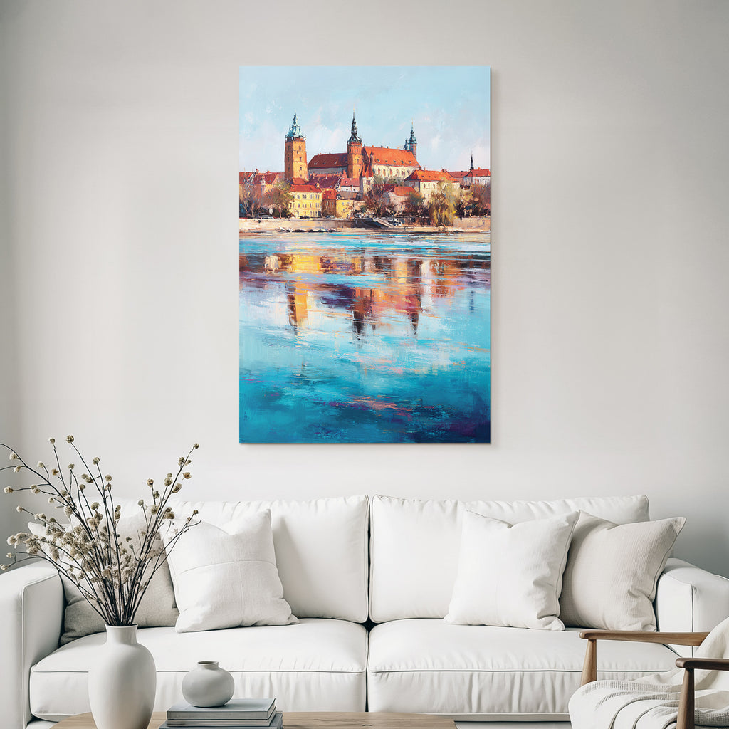 Colorful artwork of a castle on the river with reflections in the water