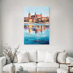 Colorful artwork of a castle on the river with reflections in the water