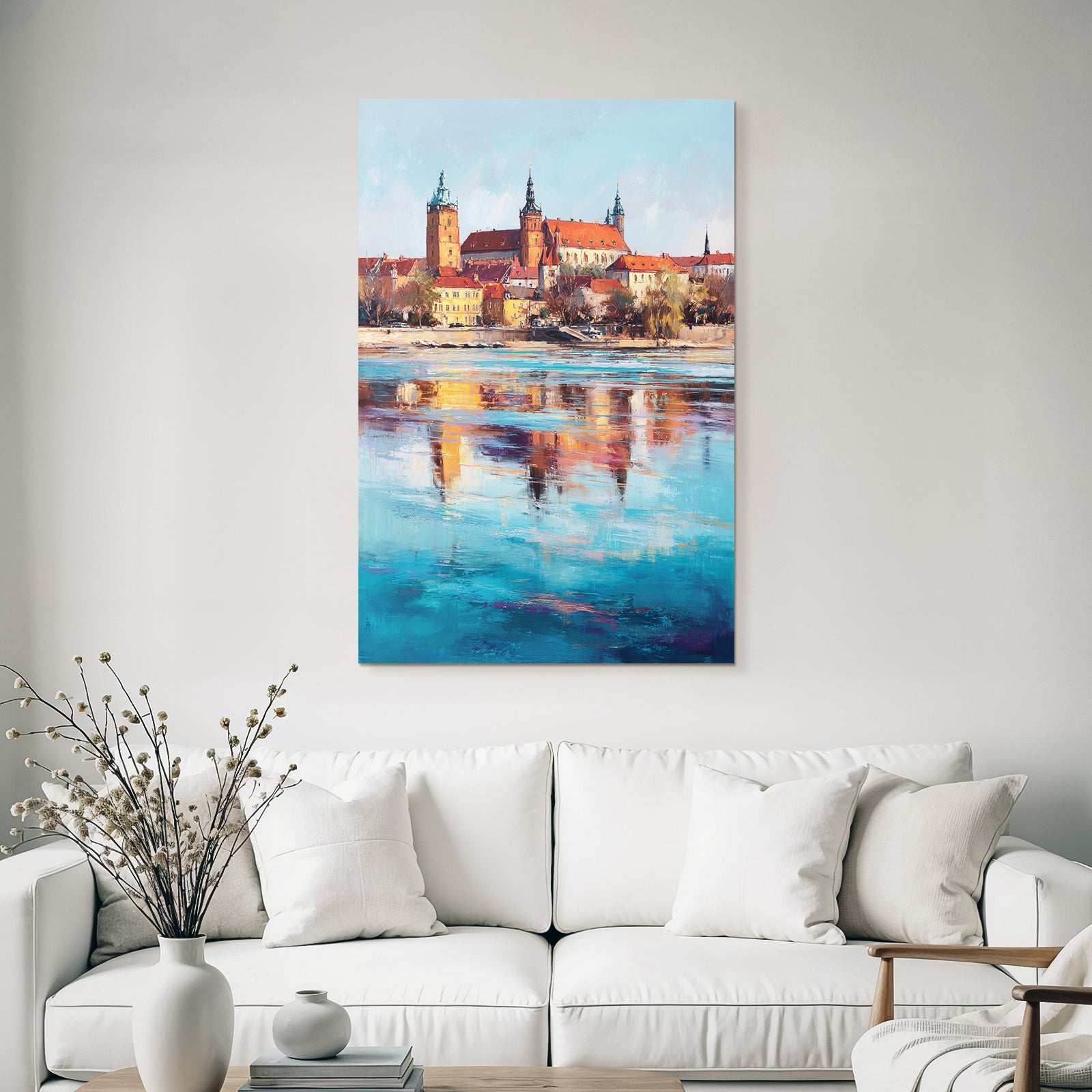 Colorful artwork of a castle on the river with reflections in the water