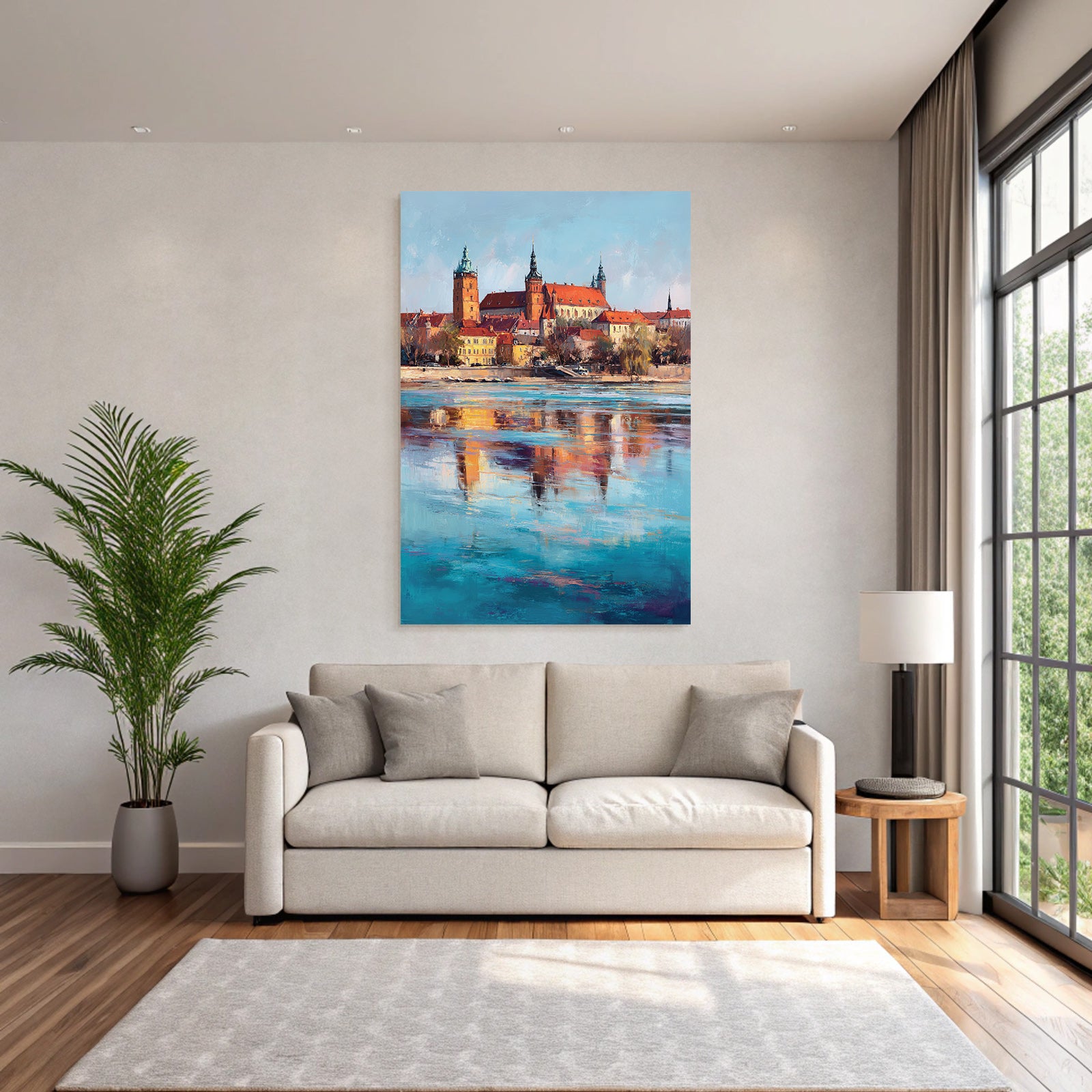 Colorful artwork of a castle on the river with reflections in the water