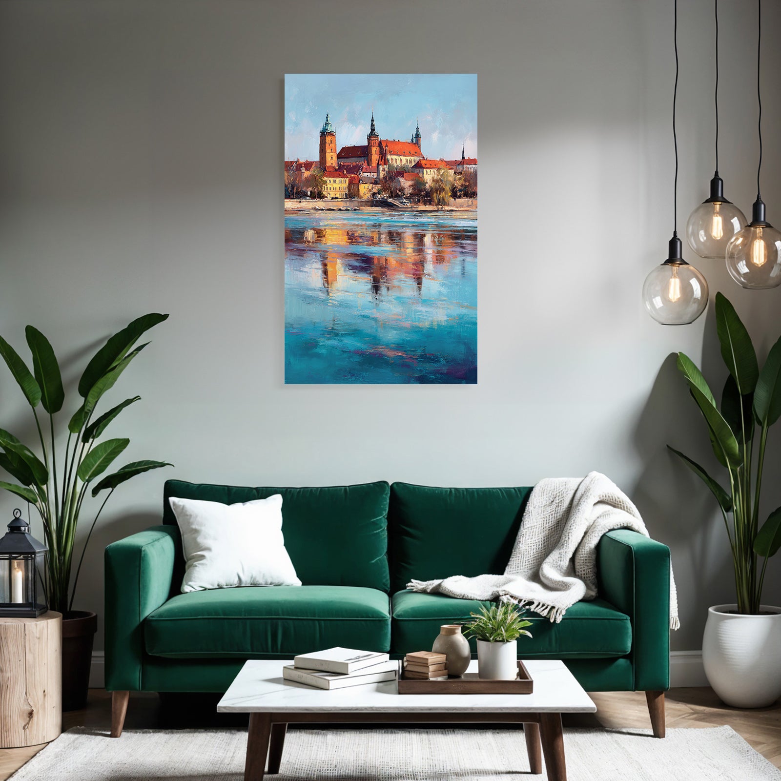 Colorful artwork of a castle on the river with reflections in the water