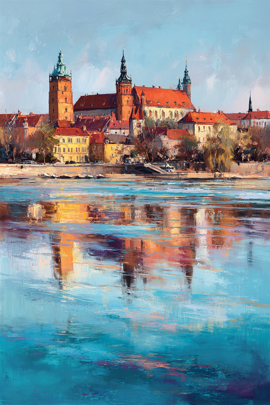 Buntes Kunstwerk Von Einem Schloss Am Fluss Mit Reflexionen Im Wasser | Scloesser und Burgen | Architektur