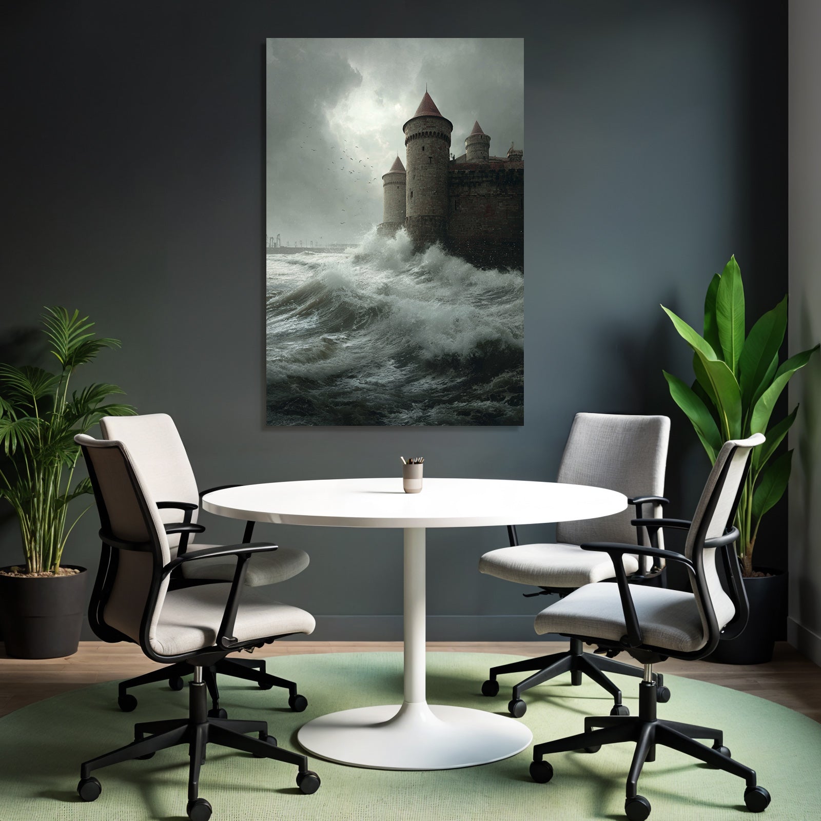 Castle and stormy sea waves overcast sky