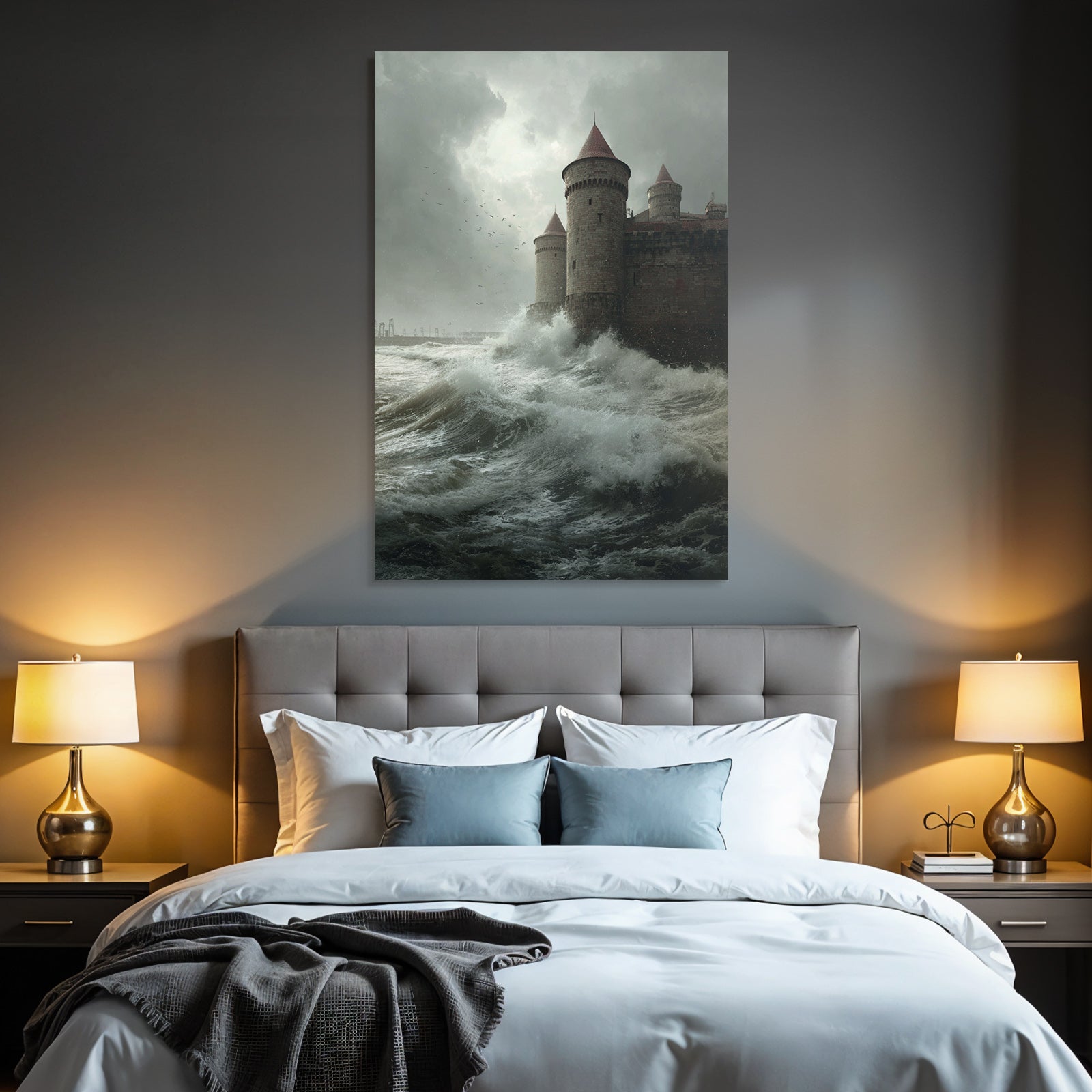 Castle and stormy sea waves overcast sky