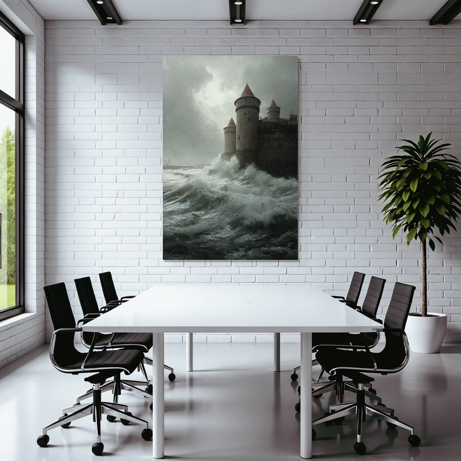 Castle and stormy sea waves overcast sky
