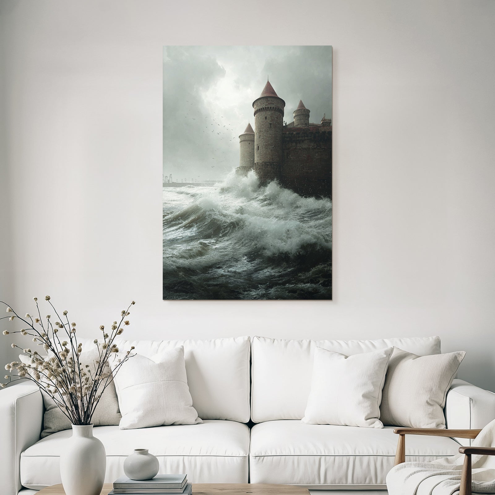 Castle and stormy sea waves overcast sky