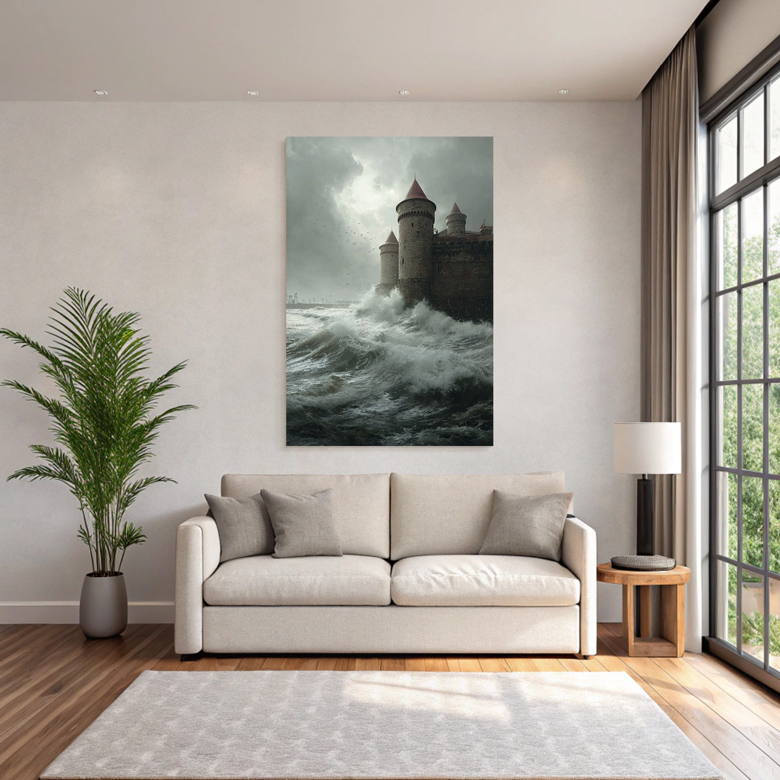 Castle and stormy sea waves overcast sky