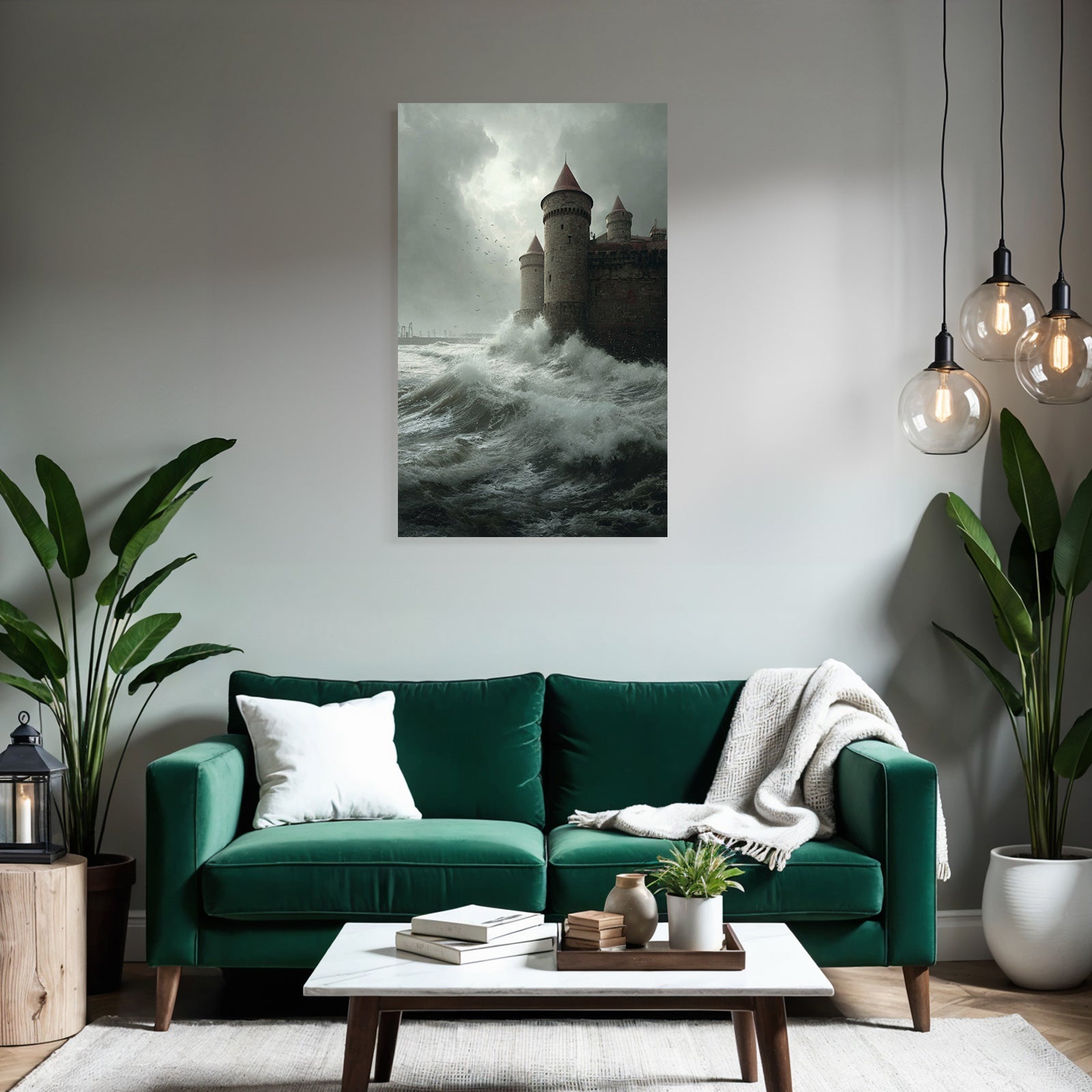 Castle and stormy sea waves overcast sky
