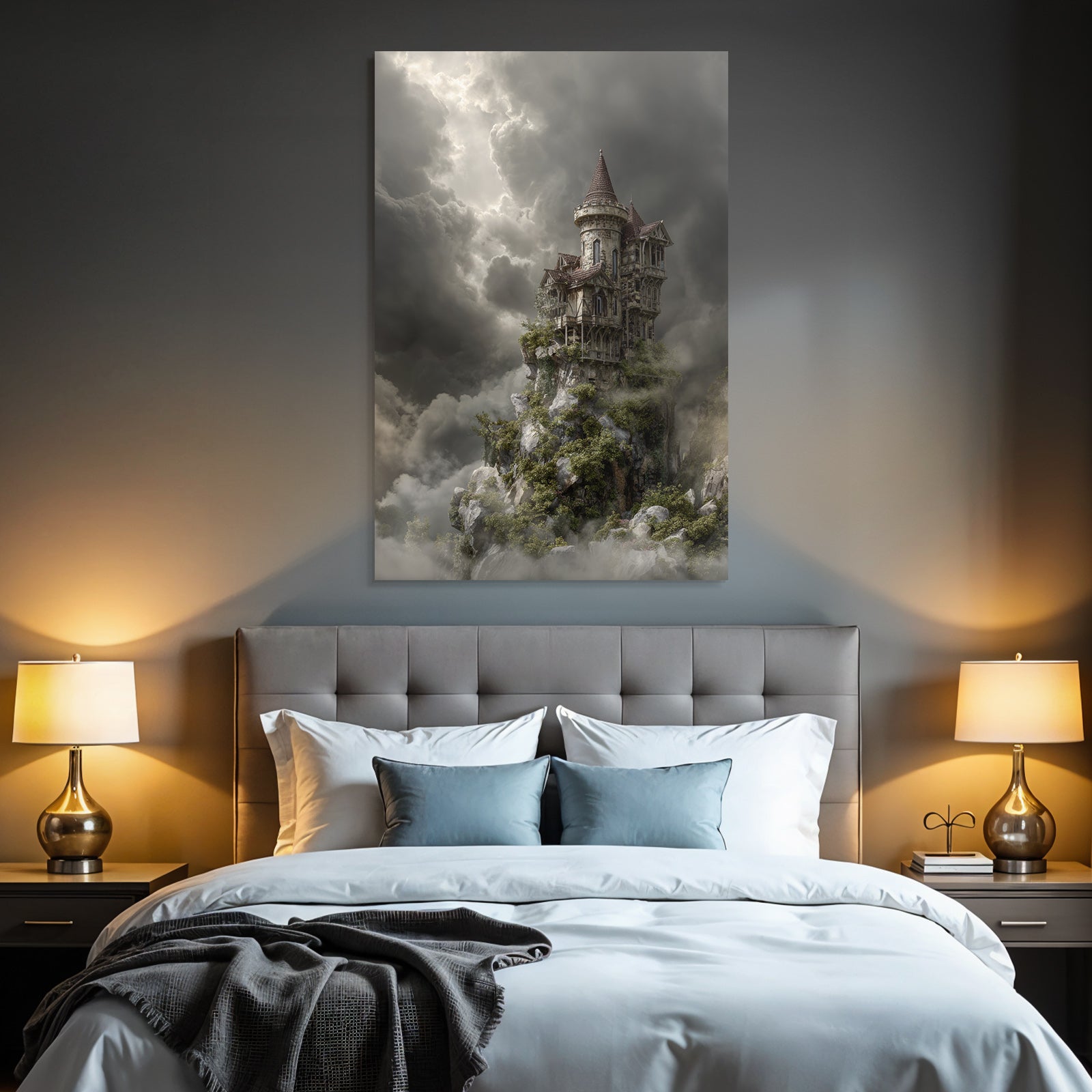 Fantastic castle on a rock surrounded by fog and clouds