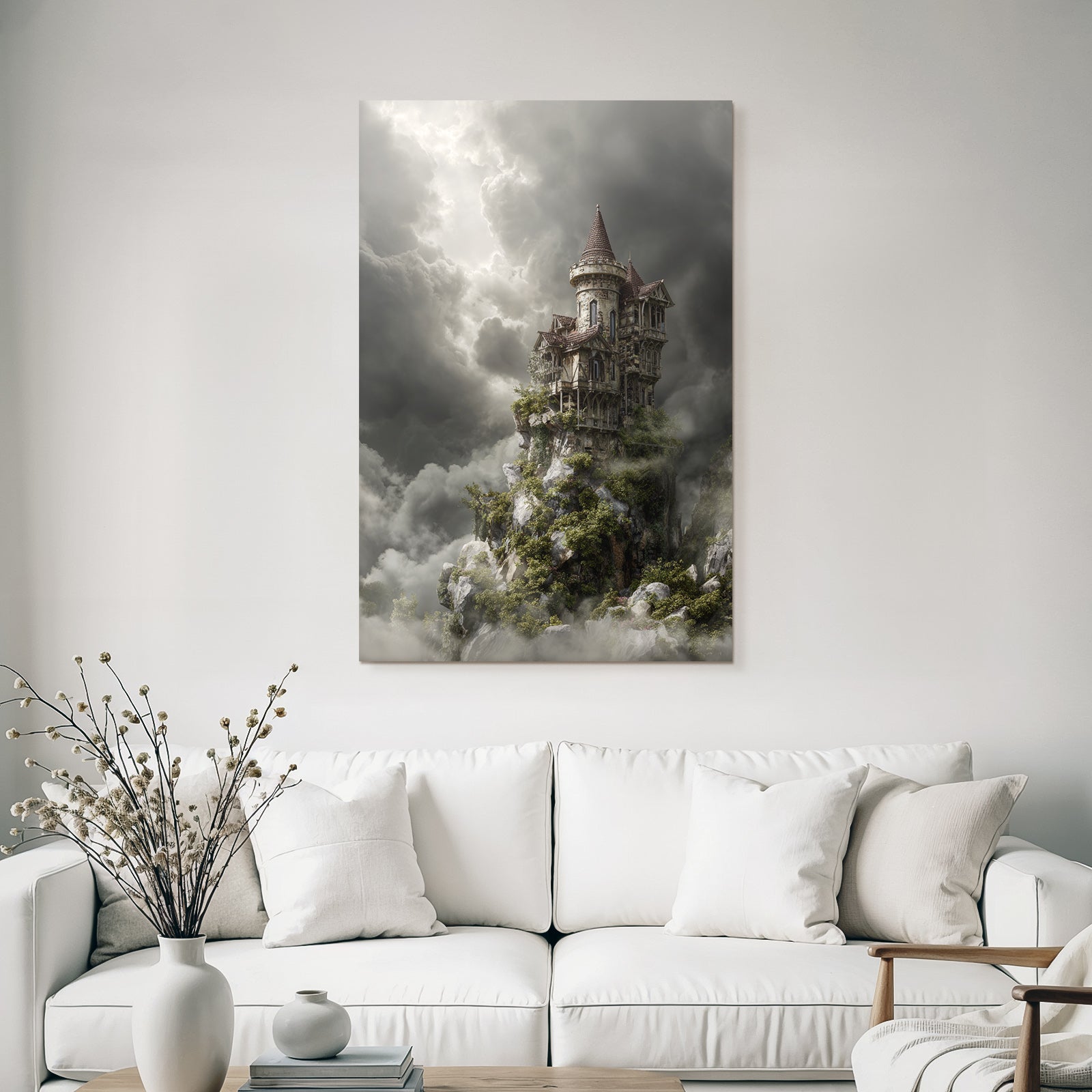 Fantastic castle on a rock surrounded by fog and clouds