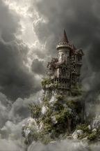 Fantastisches Schloss Auf Einem Felsen Umgeben Von Nebel Und Wolken | Scloesser und Burgen | Architektur