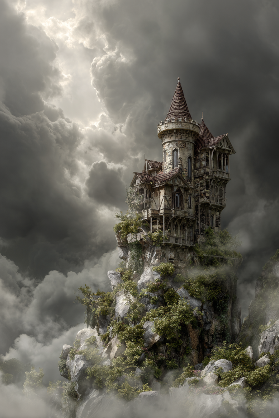 Fantastisches Schloss Auf Einem Felsen Umgeben Von Nebel Und Wolken | Scloesser und Burgen | Architektur
