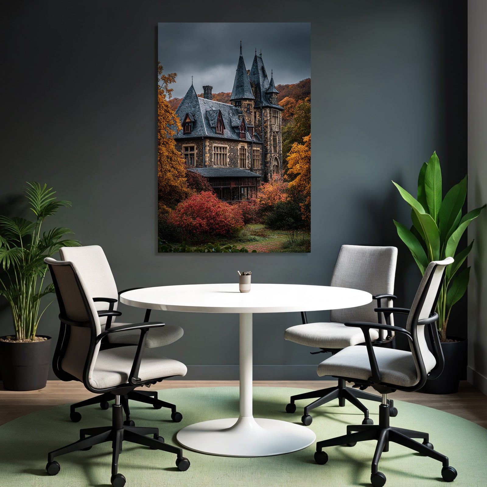 Gothic Mansion in Autumn Landscape with Spires and Towers