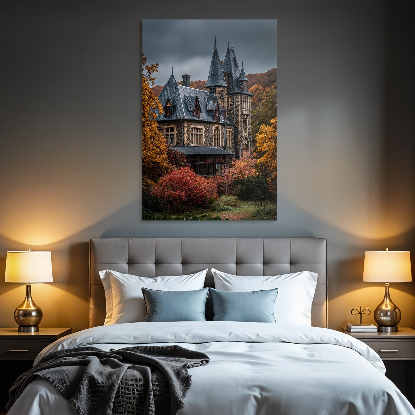 Gothic Mansion in Autumn Landscape with Spires and Towers