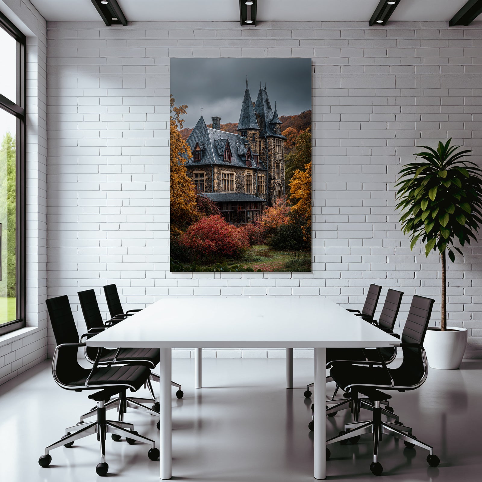 Gothic Mansion in Autumn Landscape with Spires and Towers