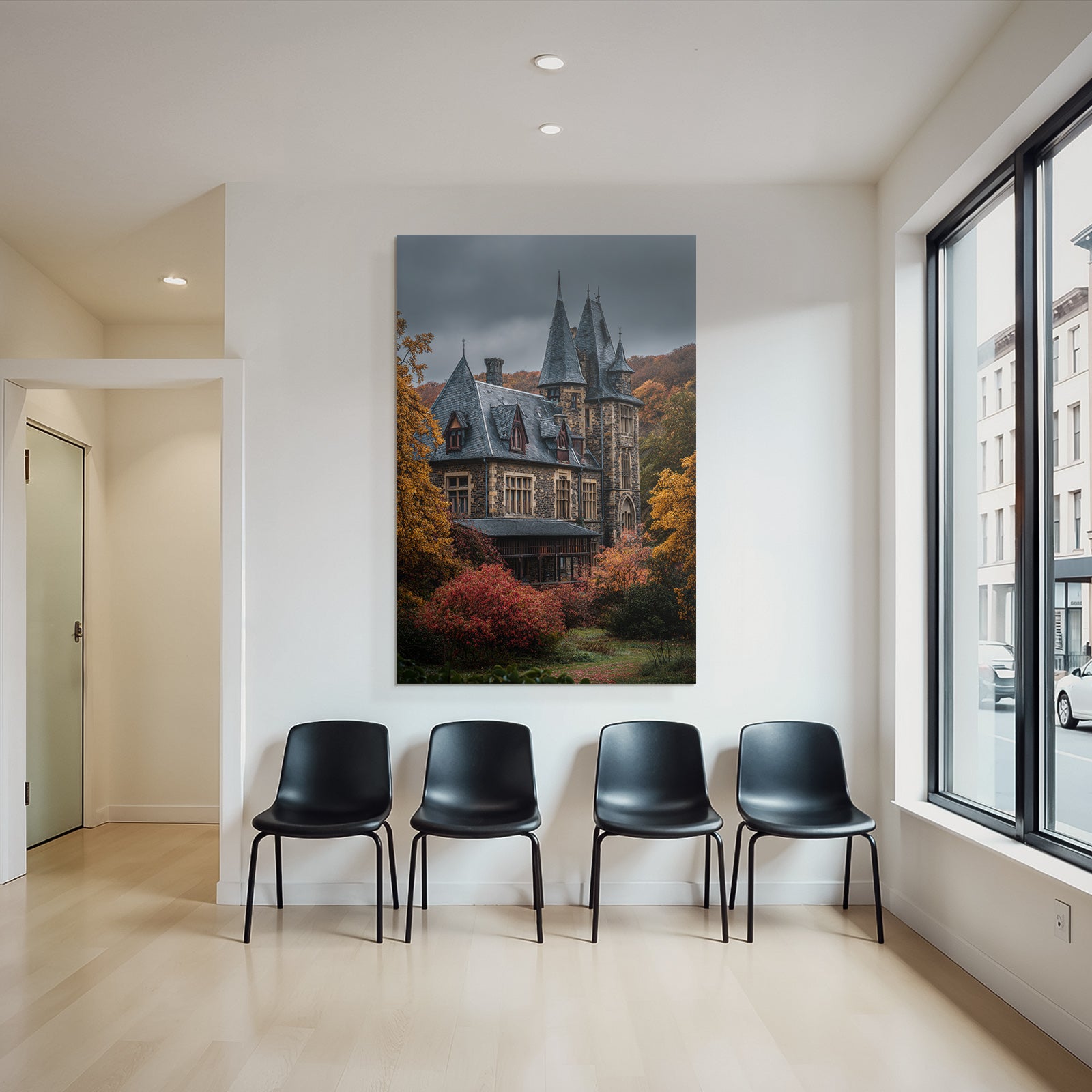 Gothic Mansion in Autumn Landscape with Spires and Towers
