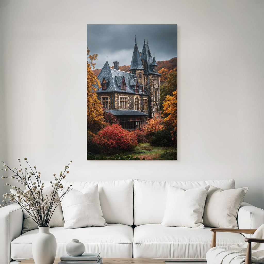 Gothic Mansion in Autumn Landscape with Spires and Towers