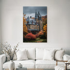 Gothic Mansion in Autumn Landscape with Spires and Towers