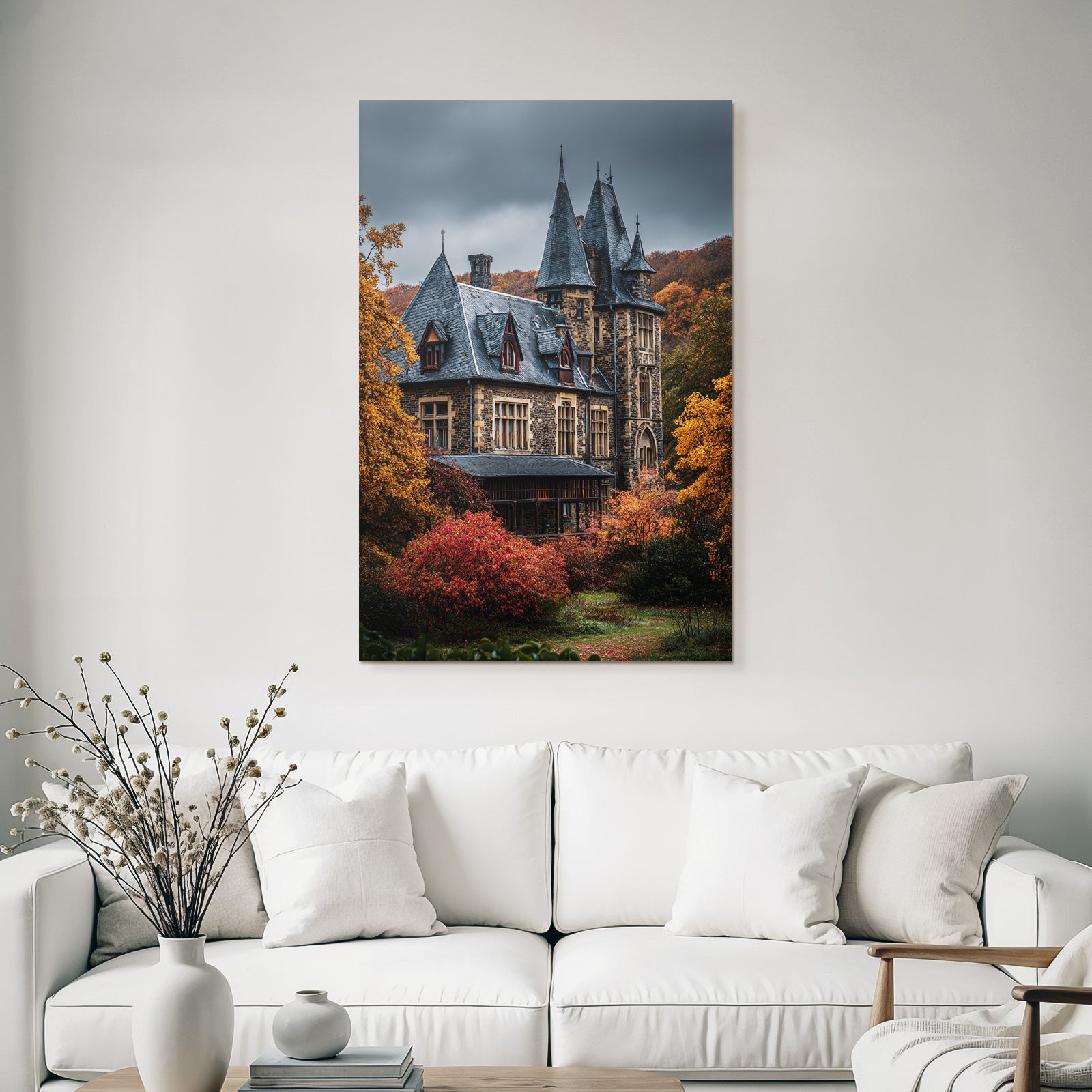 Gothic Mansion in Autumn Landscape with Spires and Towers