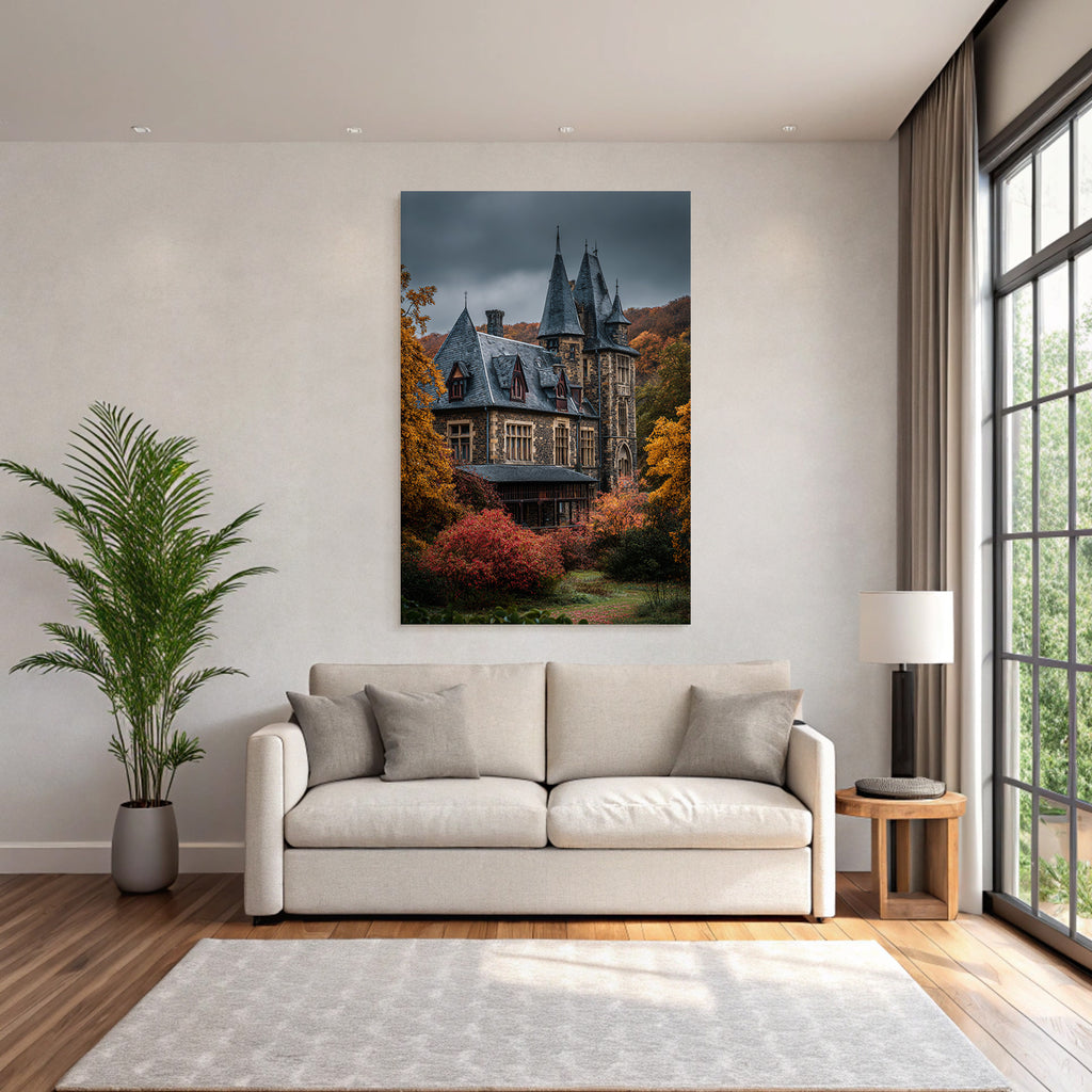 Gothic Mansion in Autumn Landscape with Spires and Towers