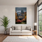 Gothic Mansion in Autumn Landscape with Spires and Towers