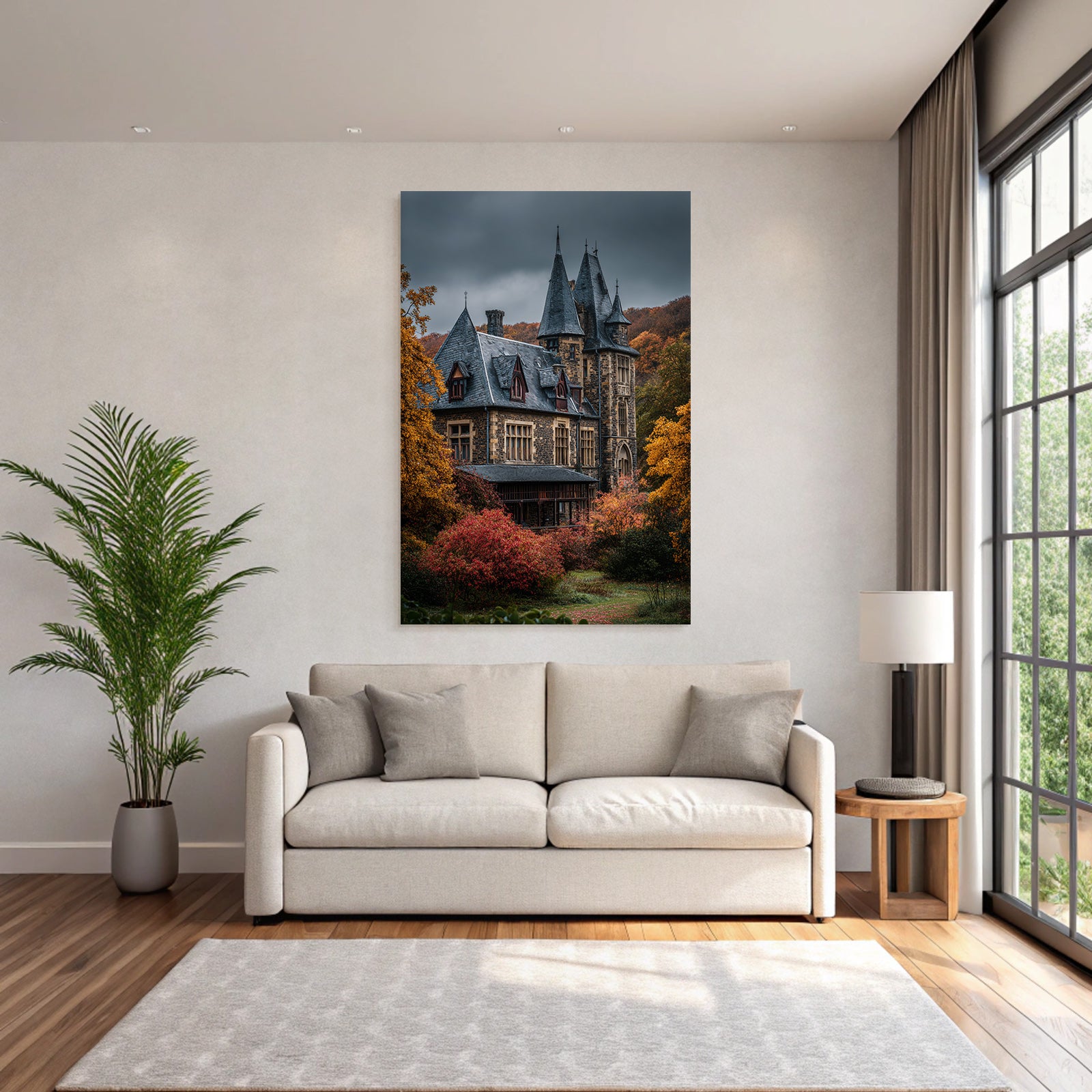 Gothic Mansion in Autumn Landscape with Spires and Towers