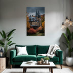 Gothic Mansion in Autumn Landscape with Spires and Towers