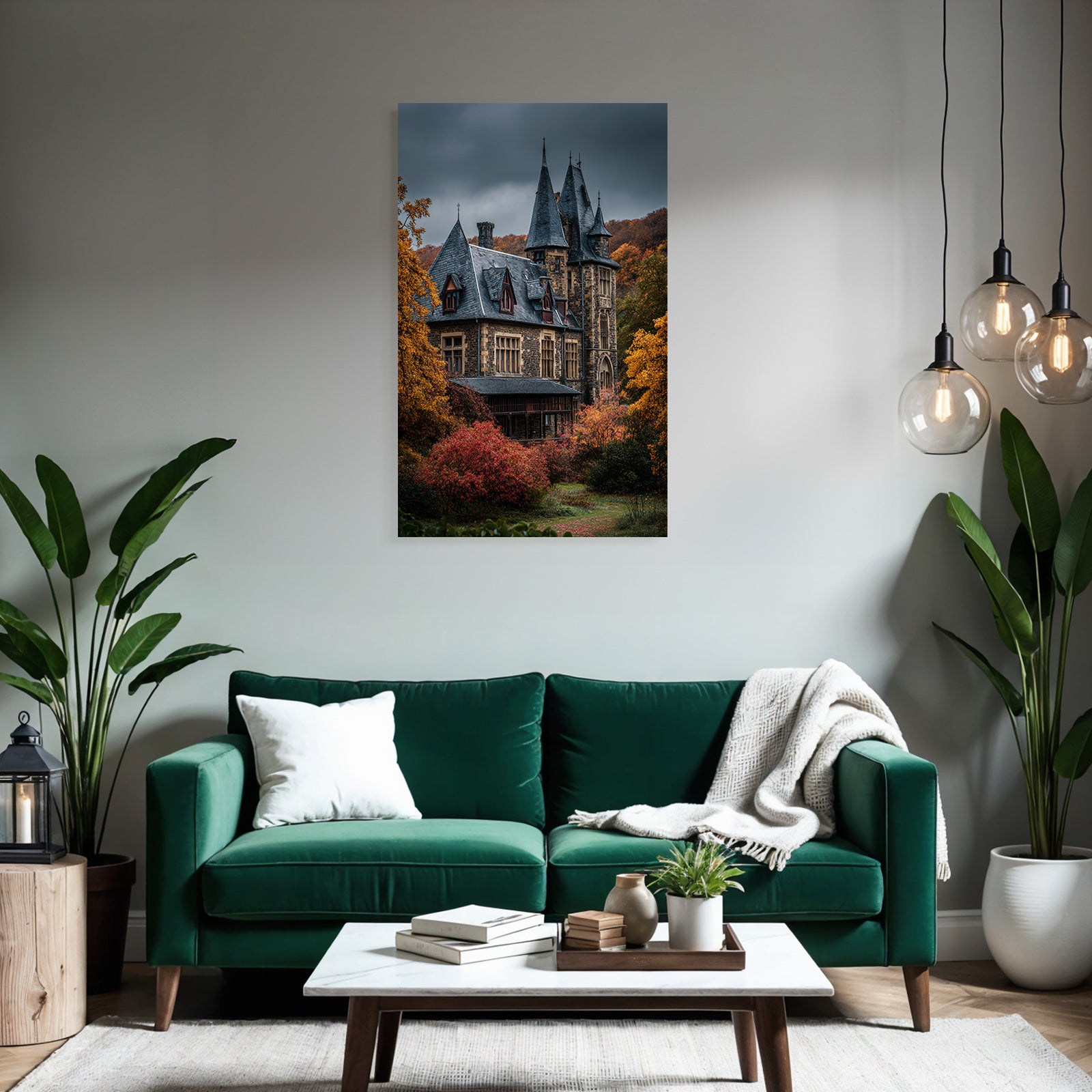 Gothic Mansion in Autumn Landscape with Spires and Towers