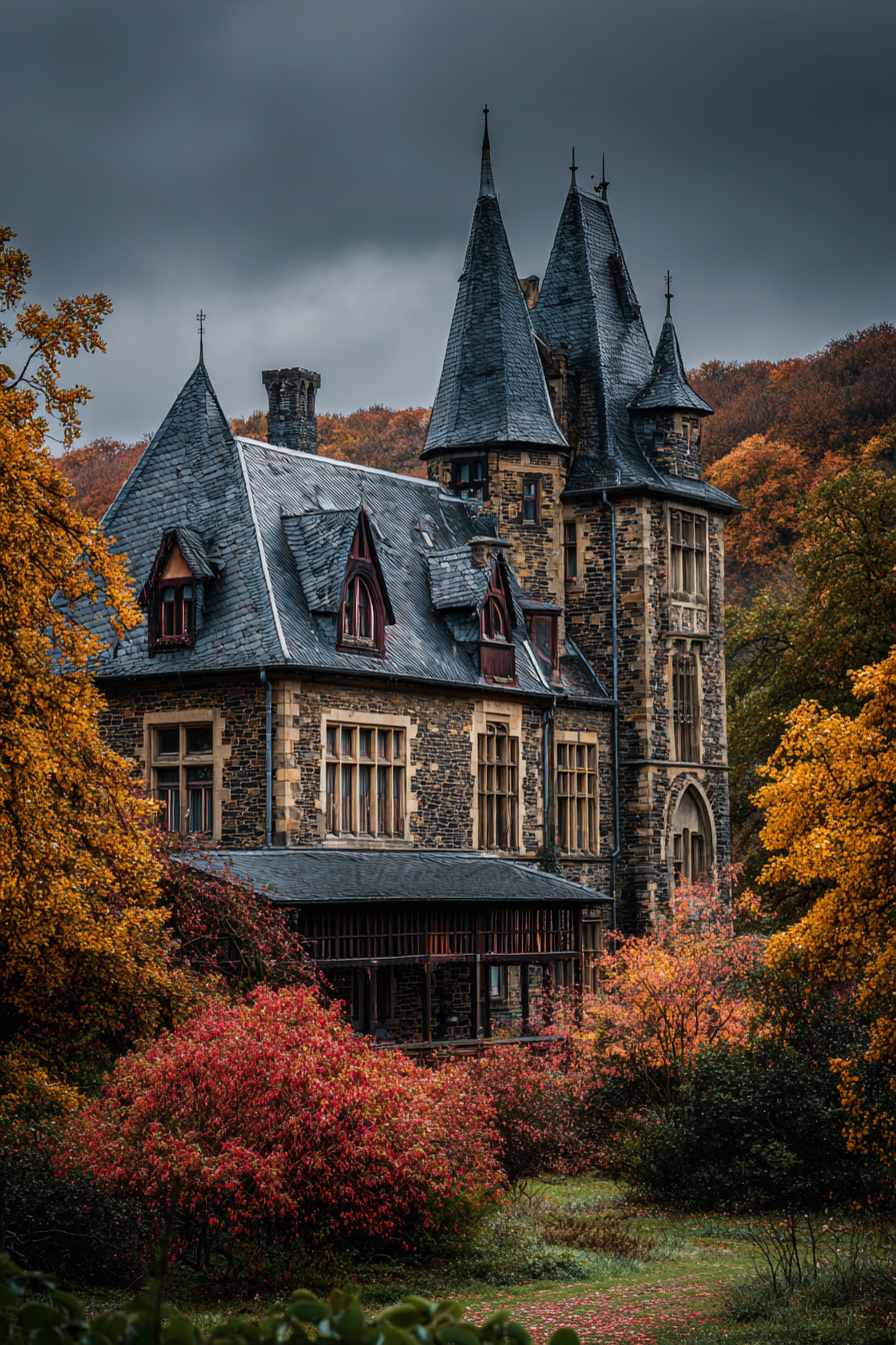 Gothic Mansion Im Herbstlicher Landschaft Mit Spitzen Und Türmen | Scloesser und Burgen | Architektur