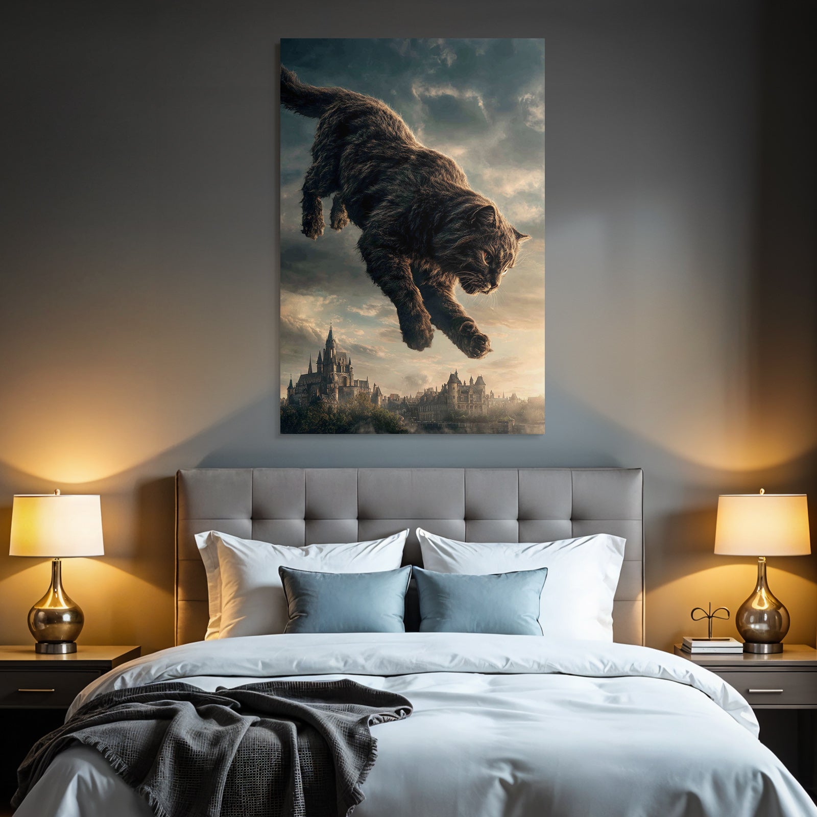 Big fantastic cat jumping over a medieval castle