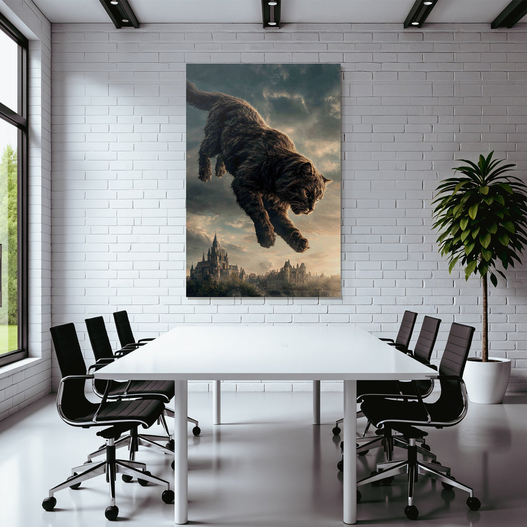 Big fantastic cat jumping over a medieval castle