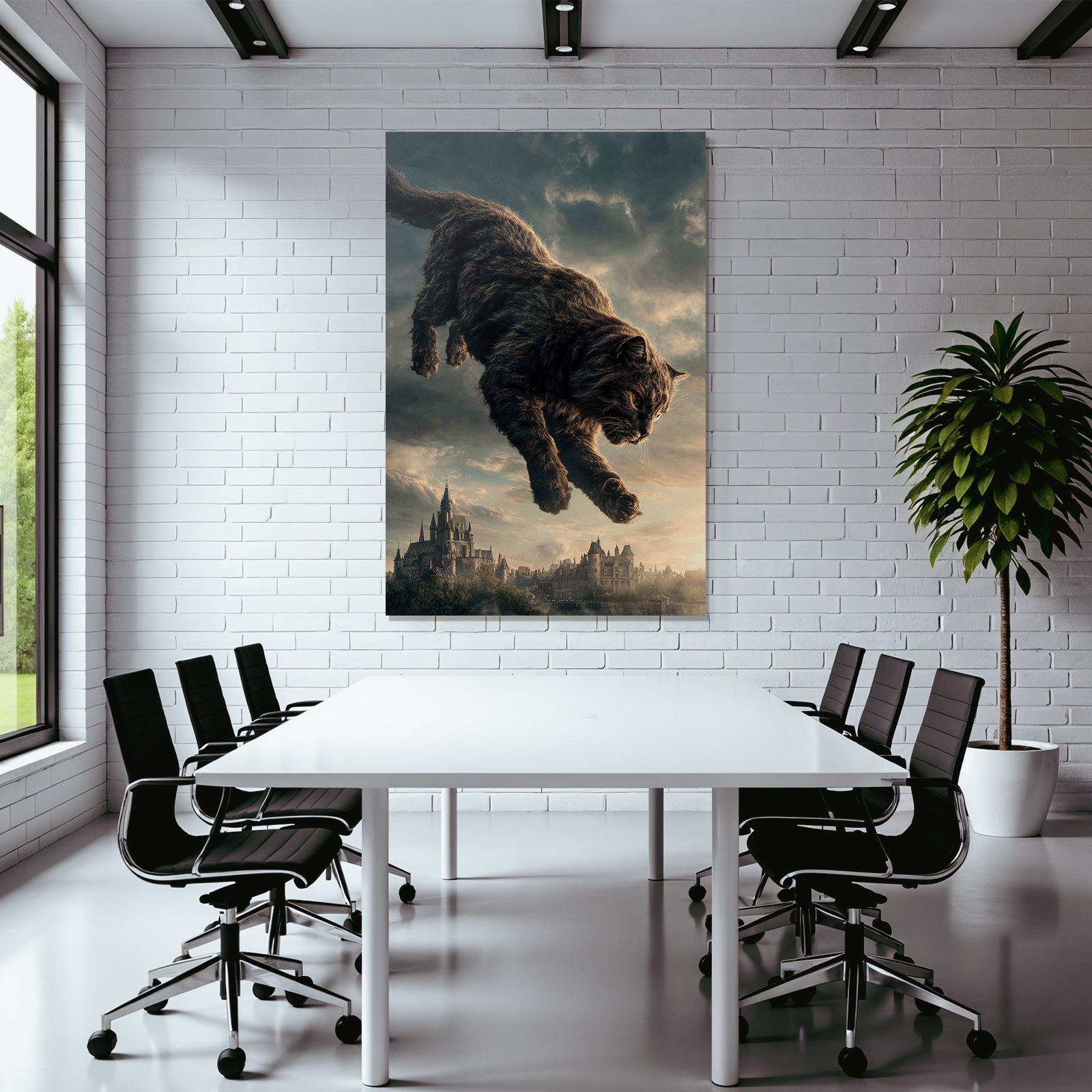 Big fantastic cat jumping over a medieval castle