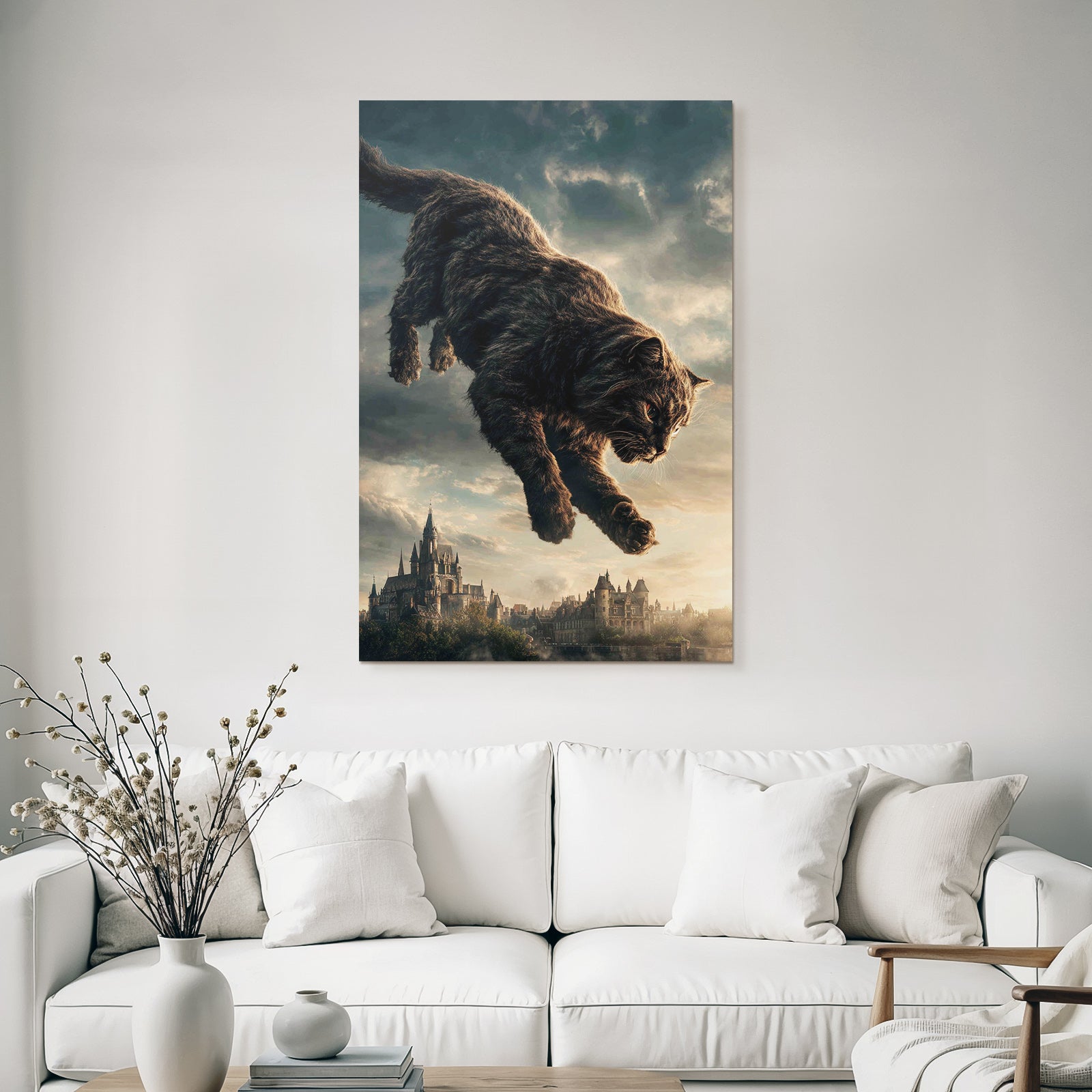 Big fantastic cat jumping over a medieval castle