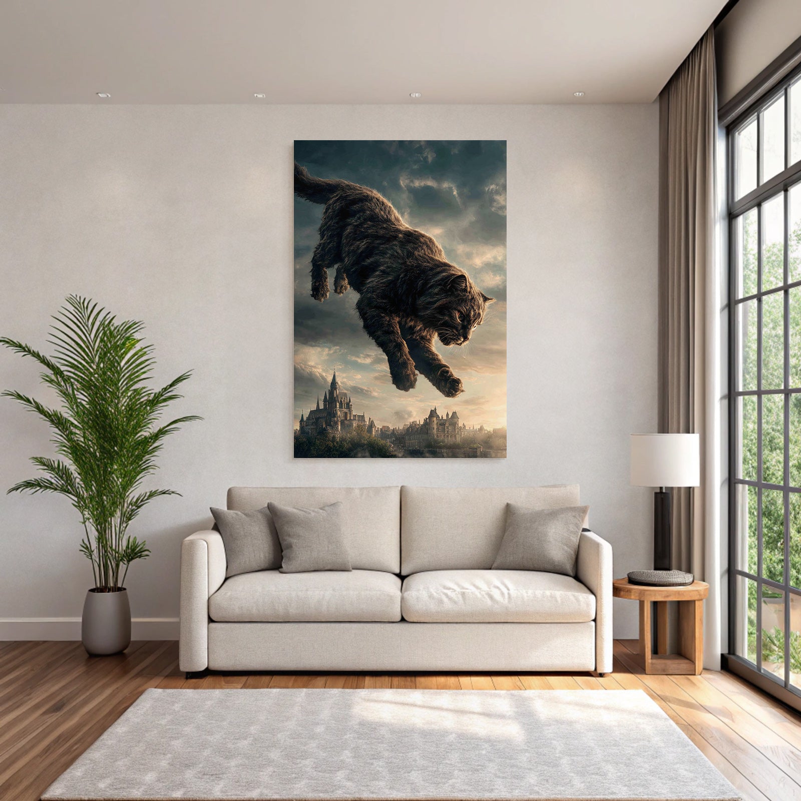 Big fantastic cat jumping over a medieval castle