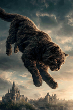 Grosse Fantastische Katze Im Sprung Über Ein Mittelalterliches Schloss | Scloesser und Burgen | Architektur