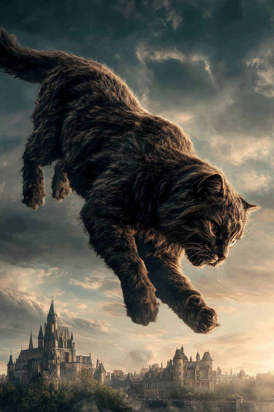 Grosse Fantastische Katze Im Sprung Über Ein Mittelalterliches Schloss | Scloesser und Burgen | Architektur