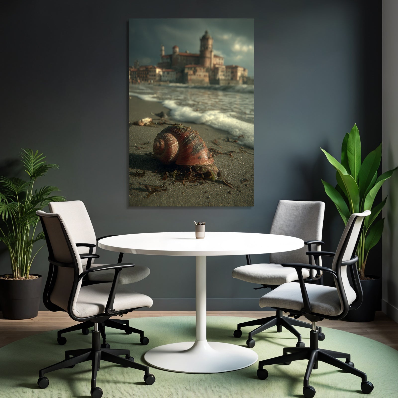 Large bowl and beach with castle in the background, sea and dramatic sky